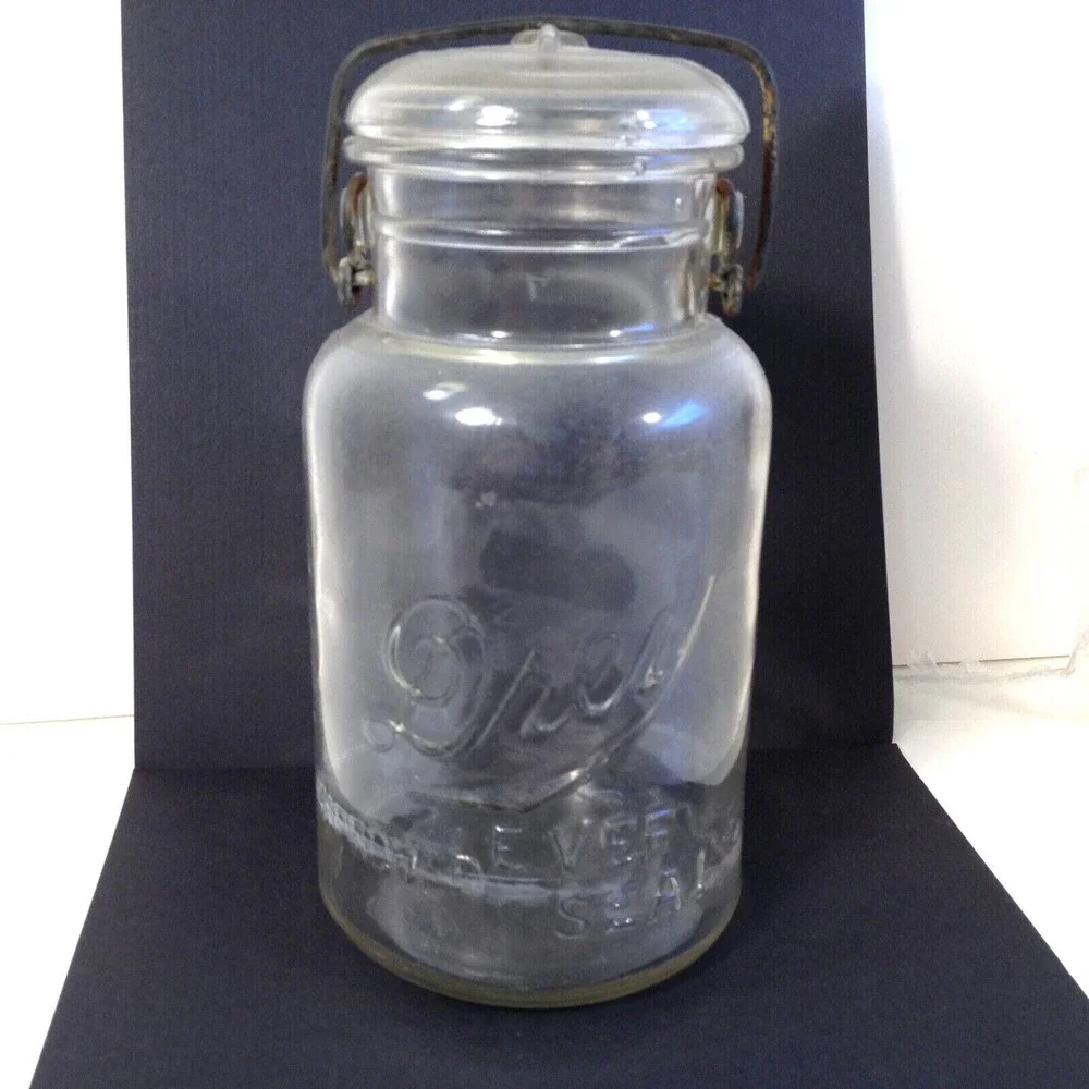 Vintage Drey Improved Ever Seal Clear Glass Canning Jar w/ Lid Wire Bail Quart
